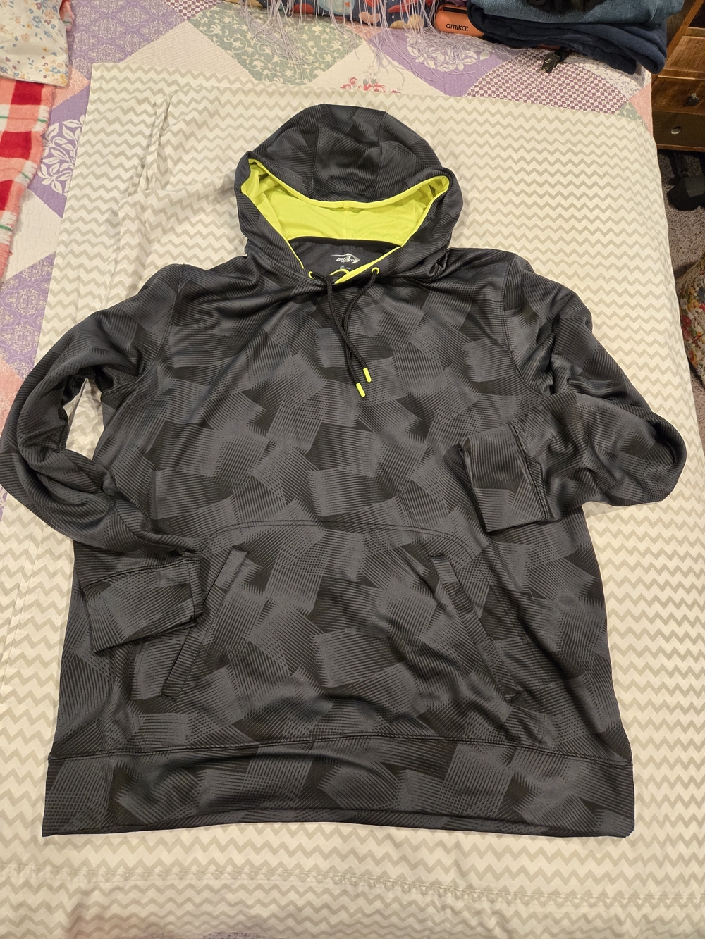 MT Men's Black Geometric Performance Hoodie with Neon Yellow Lining